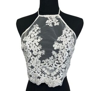 ENTRY White Lace Floral Halter Crop Top Size M Fairy Coquette Festival Resort